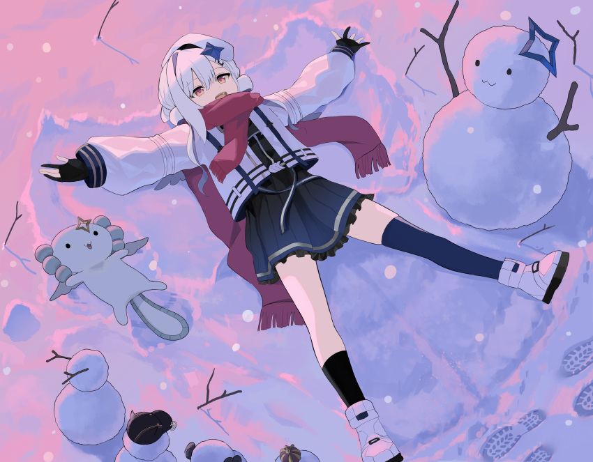 1girl amane_kanata asymmetrical_legwear beret black_gloves black_socks blue_halo blue_skirt blue_thighhighs commentary_request footprints frilled_skirt frills gloves halo hat highres hololive jacket long_sleeves lying naseul_777 on_back open_mouth outdoors partially_fingerless_gloves pink_eyes pleated_skirt red_scarf scarf shoes single_thighhigh skirt smile snow snow_angel snowing snowman socks solo star_halo thighhighs virtual_youtuber white_footwear white_headwear white_jacket
