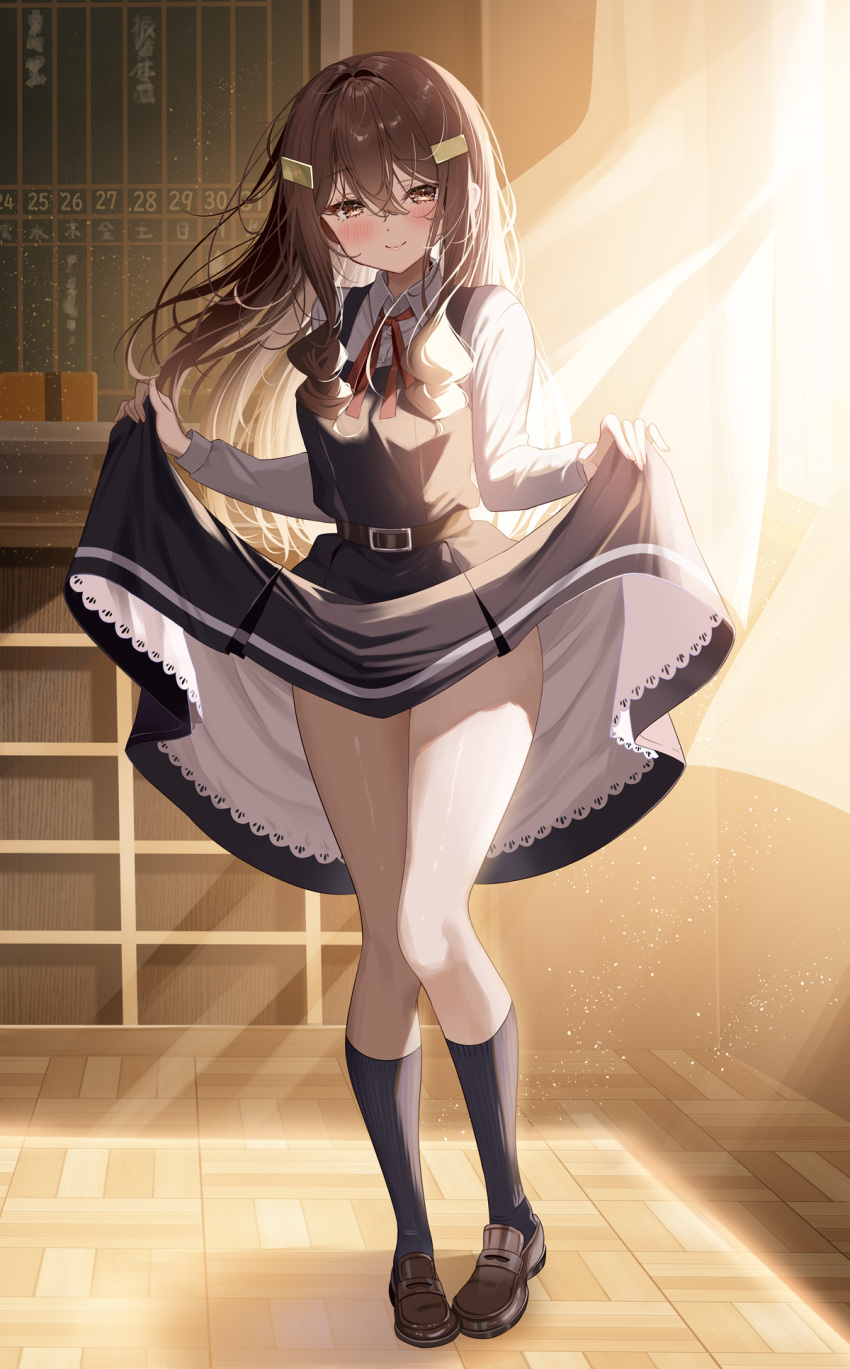 1girl belt black_dress blush brown_eyes brown_footwear brown_hair clothes_lift commentary commentary_request dress hair_ornament highres lifted_by_self long_hair looking_at_viewer neck_ribbon original piyopoyo ribbon school_uniform shirt shoes skirt skirt_lift smile socks solo sunset uniform white_shirt