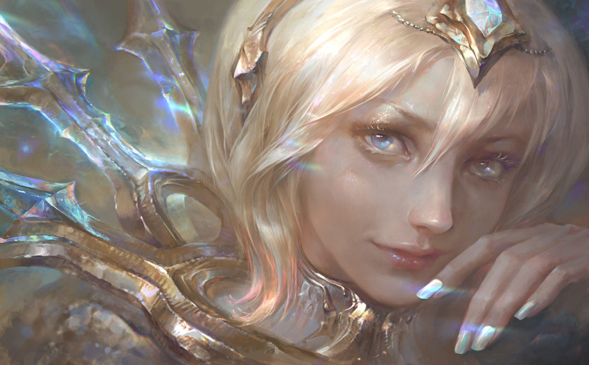 1girl blonde_hair blue_eyes closed_mouth crown dress elementalist_lux eyeshadow highres league_of_legends lips looking_at_viewer lux_(league_of_legends) makeup nail_polish official_alternate_costume short_hair smile solo sukeart white_dress white_nails