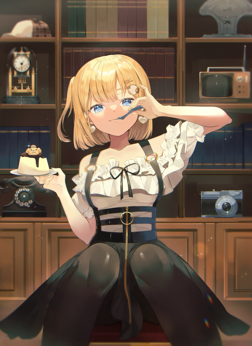 1girl analog_clock black_pantyhose black_skirt blonde_hair blue_eyes bookshelf breasts bubba_(watson_amelia) camera clock dadada earrings feet_out_of_frame food hair_ornament hairclip harness heart heart_earrings highres holding holding_plate holding_spoon hololive hololive_english indoors jewelry knees_together_feet_apart large_breasts looking_at_viewer monocle_hair_ornament narrowed_eyes off-shoulder_shirt off_shoulder official_alternate_costume one_side_up pantyhose phone plate pudding puffy_short_sleeves puffy_sleeves rotary_phone shirt short_hair short_sleeves sitting skirt smug solo spoon utensil_in_mouth virtual_youtuber watson_amelia watson_amelia_(2nd_costume) x_hair_ornament