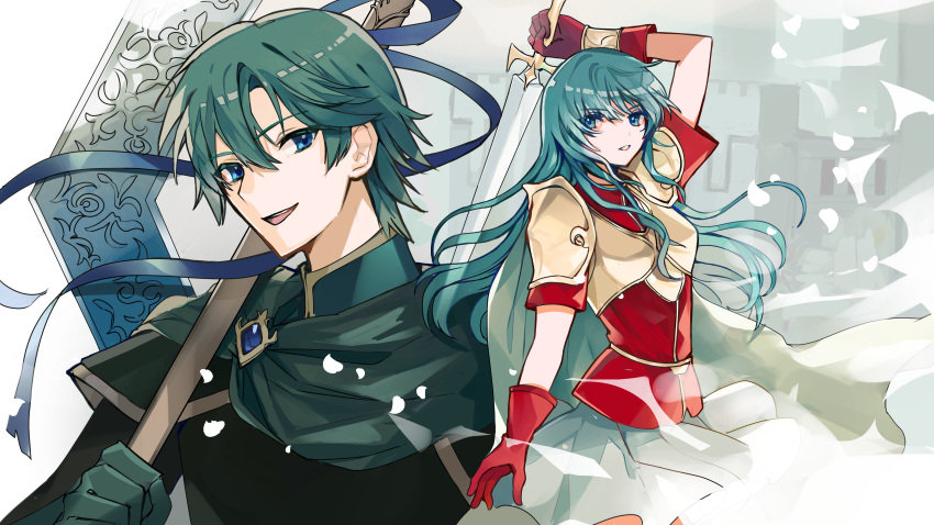 1boy 1girl absurdres aqua_eyes aqua_hair armor blue_eyes breastplate brother_and_sister cape eirika_(fire_emblem) ephraim_(fire_emblem) fingerless_gloves fire_emblem fire_emblem:_the_sacred_stones gloves highres holding holding_polearm holding_sword holding_weapon kazuha_(kazuha1003) long_hair miniskirt polearm red_gloves red_shirt shirt short_sleeves shoulder_armor siblings skirt smile sword weapon white_background white_skirt