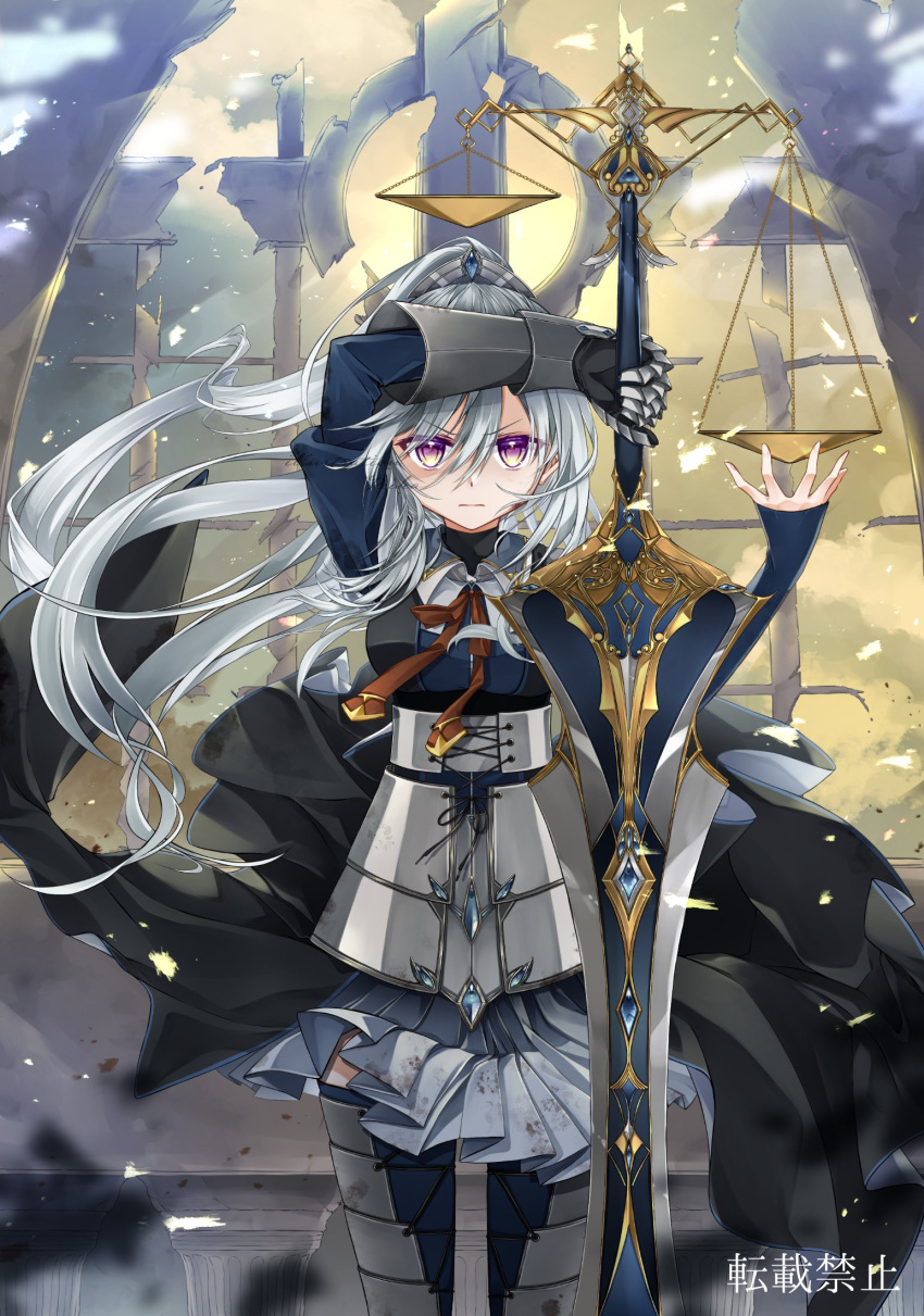 1girl armor balance_scale black_undershirt blue_dress blue_gemstone blue_thighhighs closed_mouth collared_dress corset cowboy_shot cuisses dress embers faulds fujishiro_kazuha furrowed_brow gauntlets gem greatsword grey_hair hair_between_eyes hair_ornament hand_up highres holding holding_sword holding_weapon juliet_sleeves justice_(tarot) long_sleeves looking_at_viewer multicolored_eyes neck_ribbon open_hand orange_ribbon original pillar pleated_dress ponytail puffy_sleeves purple_eyes ribbon ruins serious single_gauntlet sleeves_past_wrists solo standing straight-on sword thighhighs turtleneck undershirt waist_cape weapon weighing_scale yellow_eyes