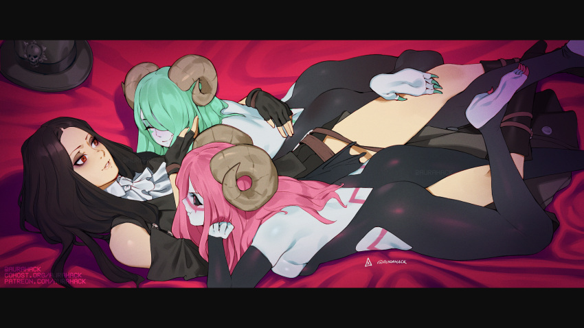 1other 2girls androgynous ascot ass aurahack backless_outfit black_hair black_headwear breasts claws colored_skin eyeshadow girl_sandwich green_hair grey_skin guilty_gear guilty_gear_strive hat hat_removed headwear_removed highres horns looking_at_another lying makeup multiple_girls pink_hair sandwiched sharp_toenails sideboob smile succubus_familiar testament_(guilty_gear) toenails top_hat