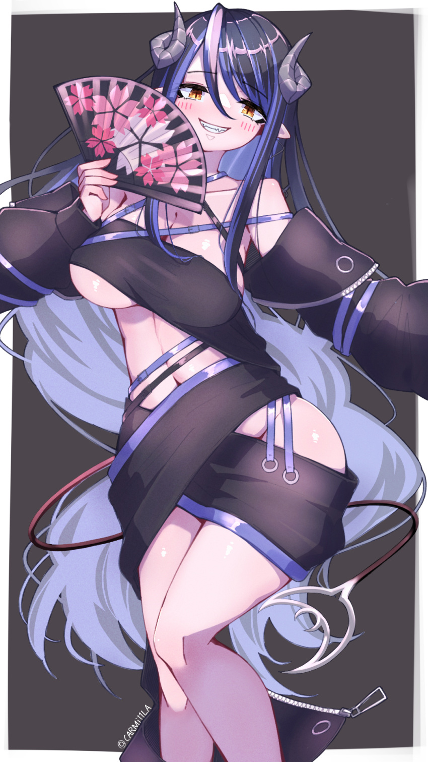 1girl bandeau belt black_bandeau black_belt black_hair black_jacket black_skirt blue_belt blue_hair blush breasts brown_eyes carmi11la chest_belt cleavage commentary_request curled_horns demon_girl demon_horns demon_tail feet_out_of_frame folding_fan grey_background grey_horns grin hair_between_eyes hand_fan hebiyoi_tier highres hip_vent holding holding_fan horns jacket large_breasts long_hair long_sleeves looking_at_viewer multicolored_hair nanashi_inc. navel off_shoulder open_clothes open_jacket pointy_ears sidelocks skirt smile solo standing tail two-tone_hair very_long_hair virtual_youtuber white_background