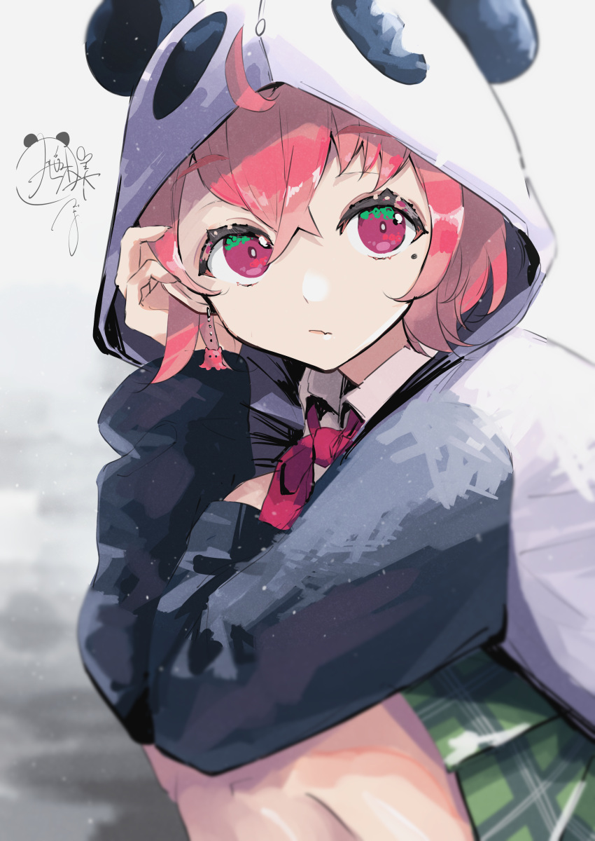 1girl absurdres ahoge animal_hood crossed_bangs earrings green_skirt hair_tucking highres hood hood_up jewelry long_sleeves looking_at_viewer mole mole_under_eye nijisanji ogura_tubuan panda_hood pink_eyes pink_hair sasaki_saku sasaki_saku_(1st_costume) short_hair skirt solo squatting virtual_youtuber