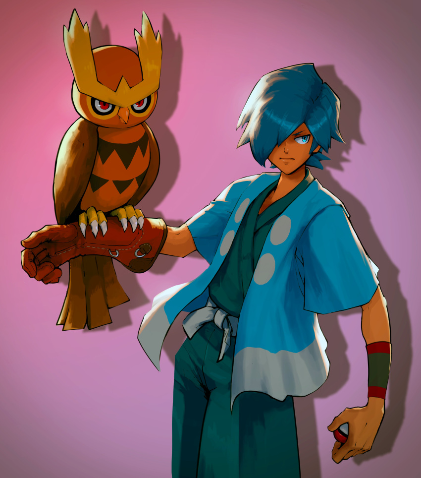 1boy absurdres blue_eyes blue_hair blue_jacket blue_kimono falkner_(pokemon) gloves hair_over_one_eye highres jacket jak_(jaksinart) japanese_clothes kimono male_focus noctowl open_clothes open_jacket pokemon pokemon_(creature) red_eyes short_hair short_sleeves simple_background standing