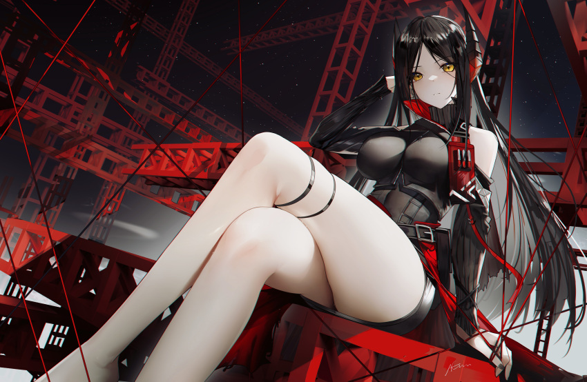 1girl absurdres arknights black_hair black_nails black_shirt black_skirt breasts feet_out_of_frame highres horns ines_(arknights) large_breasts long_hair looking_at_viewer omone_hokoma_agm scaffolding shirt sitting skirt solo thigh_strap thighs very_long_hair yellow_eyes