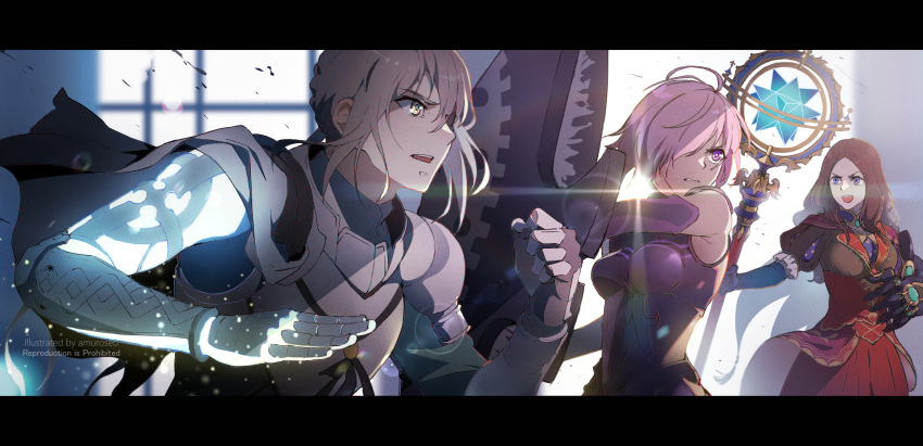 1boy 2girls :d airgetlam_(fate) amuroseo aqua_pupils armor bare_shoulders bedivere_(fate) black_border black_shirt blonde_hair blue_eyes blue_gloves boobplate border braid brown_hair cape clenched_hand clenched_teeth cowboy_shot elbow_gloves fate/grand_order fate_(series) fighting_stance french_braid gauntlets gloves glowing glowing_hand grey_cape hair_between_eyes hair_over_one_eye high-waist_skirt highres holding holding_shield holding_staff leonardo_da_vinci_(fate) letterboxed long_hair long_sleeves looking_ahead looking_at_another looking_to_the_side lord_camelot_(fate) low_ponytail mash_kyrielight multiple_girls overskirt parted_bangs parted_lips pink_hair prosthesis prosthetic_arm puff_and_slash_sleeves puffy_short_sleeves puffy_sleeves purple_armor purple_eyes red_skirt shield shirt short_hair short_sleeves single_gauntlet skirt sleeveless smile staff stellated_octahedron teeth upper_body upper_teeth_only v-shaped_eyebrows window yellow_eyes