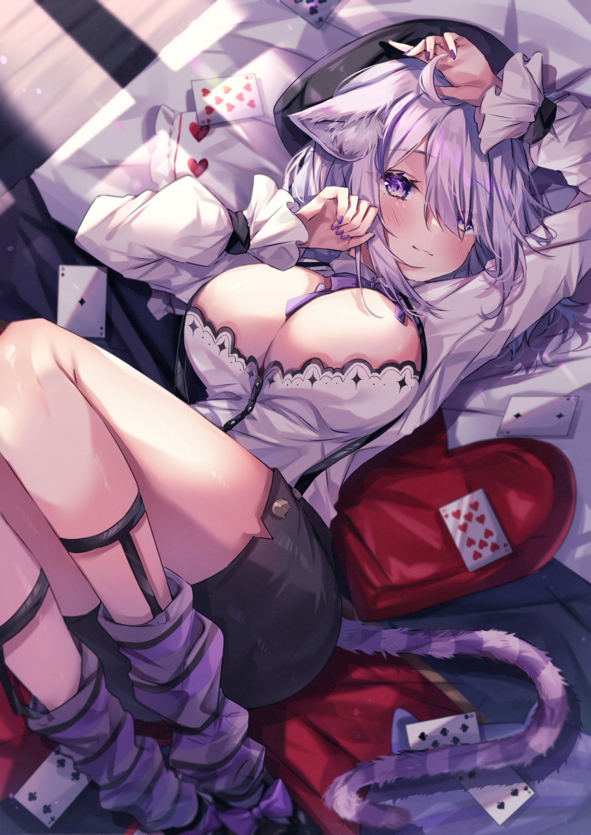 1girl animal_ears beret breasts card cat_ears cat_tail cleavage cleavage_cutout clothing_cutout hat highres hololive large_breasts leg_warmers lying nekomata_okayu on_back playing_card purple_eyes purple_hair purple_nails sorashima_(117) striped_tail suspenders tail virtual_youtuber