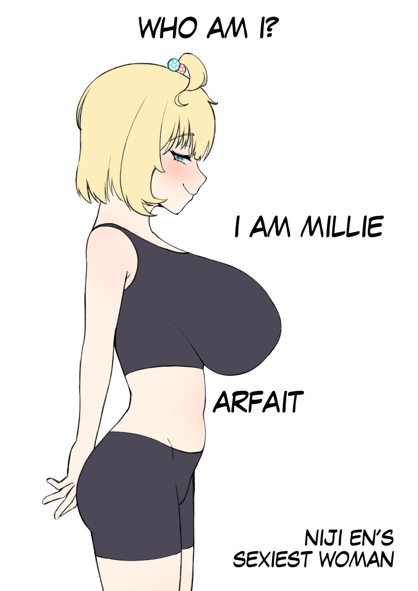 1girl absurdres ahoge alternate_breast_size arm_behind_back bare_arms bare_shoulders bike_shorts black_sports_bra blonde_hair blush bob_cut breasts cipher4109 english_text from_side gigantic_breasts green_eyes groin_outline highres midriff millie_parfait naughty_face nijisanji nijisanji_en profile short_hair simple_background solo sports_bra virtual_youtuber white_background