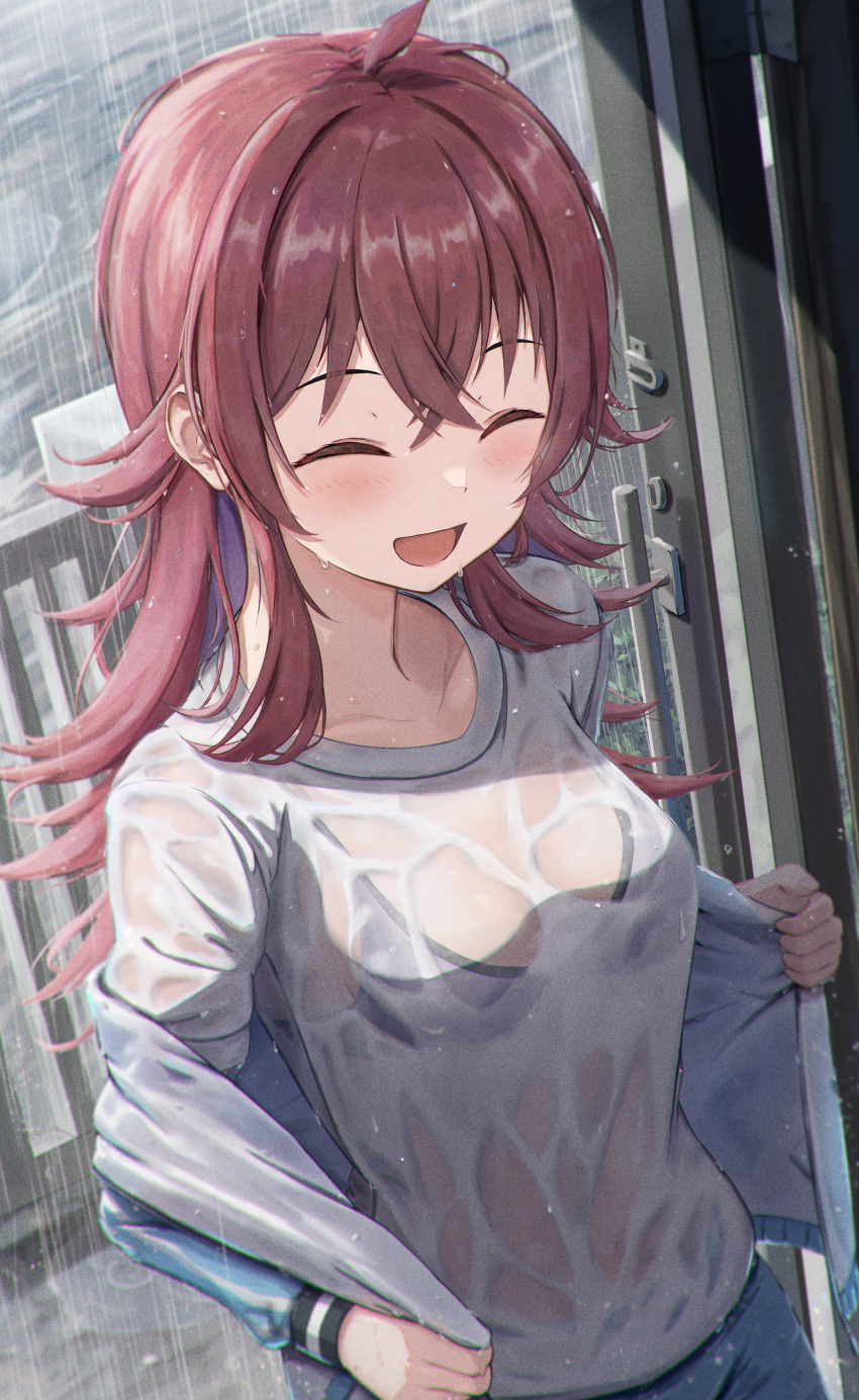 1girl ^_^ absurdres ahoge black_bra blush bra bra_visible_through_clothes breasts closed_eyes collarbone doorway highres idolmaster idolmaster_shiny_colors jacket jacket_partially_removed komiya_kaho masuku_(saint_mask) medium_breasts open_clothes open_jacket rain red_hair shirt smile solo track_jacket underwear water_drop wet wet_clothes wet_hair wet_shirt white_shirt