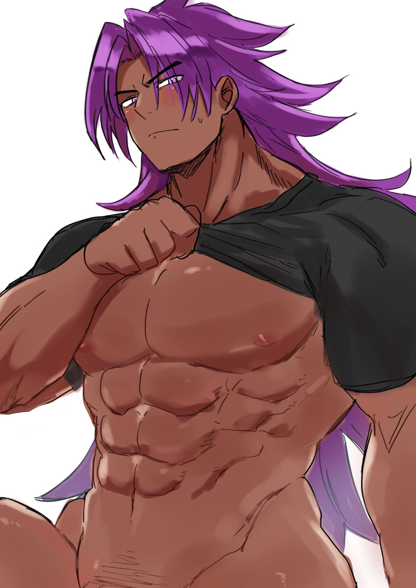 1boy 1hao_(@cerbero64) abs bara bare_pectorals bhima_(fate) blush bottomless clothes_lift dark-skinned_male dark_skin fate/grand_order fate_(series) groin highres large_pectorals lifted_by_self long_hair looking_at_viewer male_focus male_pubic_hair muscular muscular_male navel nipples out-of-frame_censoring pectorals pubic_hair purple_eyes shirt shirt_lift shy solo sparse_pubic_hair stomach strongman_waist t-shirt thick_eyebrows