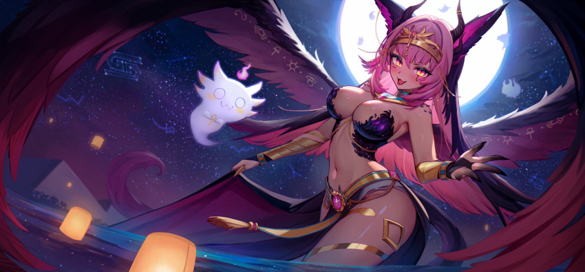 1girl armpits backlighting bangle bare_shoulders bracelet breasts brooch circlet cleavage clickdraws collar dragon_ears dragon_girl dragon_horns dragon_tail dragon_wings fangs forked_tongue full_moon gradient_skin highres horns indie_virtual_youtuber jewelry lantern large_breasts lifted_by_self long_hair looking_at_viewer midriff moon multiple_horns navel open_mouth paper_lantern pelvic_curtain slit_pupils smile solo stomach tail thighlet thighs tongue trickywi v-shaped_eyebrows virtual_youtuber waist_cape wide_shot wings