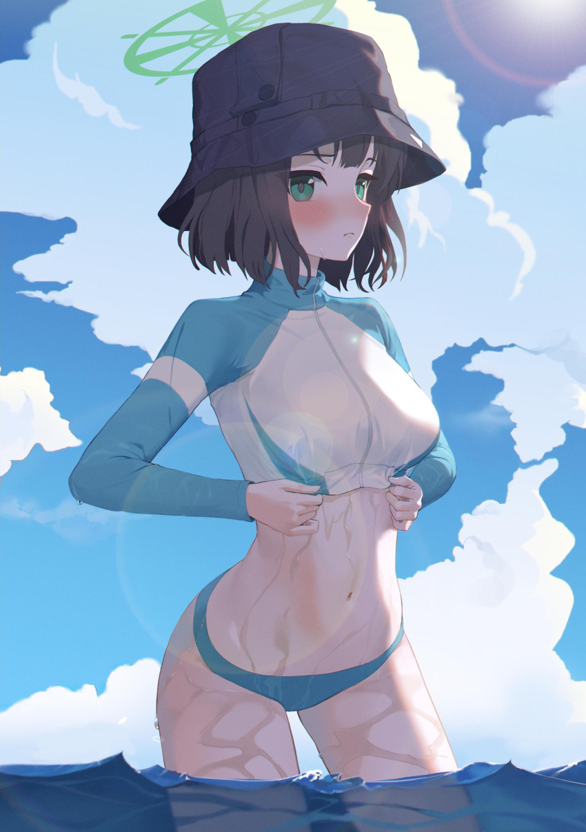 1girl absurdres alternate_costume black_hair blue_archive blue_sky blush bucket_hat closed_mouth cloud commentary green_eyes halo hat highres legs light_frown long_sleeves navel ocean official_alternate_costume rash_guard saki_(blue_archive) saki_(swimsuit)_(blue_archive) short_hair sky solo stomach sun sunlight taktori thigh_gap thighs wading water wet zipper