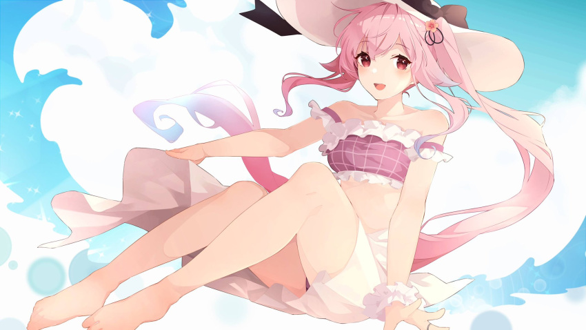 1girl barefoot bikini bikini_skirt breasts day frilled_bikini frills gradient_hair hair_flaps harusame_(kancolle) hat highres jewelry kantai_collection long_hair looking_at_viewer multicolored_hair open_mouth outdoors pink_hair ponytail red_eyes ring shakemi_(sake_mgmgmg) side_ponytail sidelocks small_breasts solo sun_hat swimsuit white_headwear