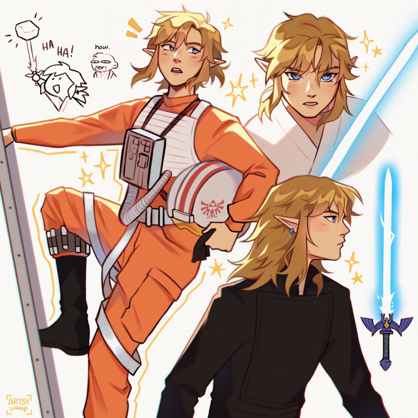 2boys artsyvampp blonde_hair blue_eyes blue_lightsaber chibi chibi_inset cosplay crossover earrings energy_sword english_text highres jedi jewelry lightsaber link looking_at_viewer luke_skywalker luke_skywalker_(cosplay) male_focus master_sword medium_hair multiple_boys multiple_views open_mouth pilot_helmet pointy_ears robe short_hair sparkle star_wars sword the_legend_of_zelda weapon