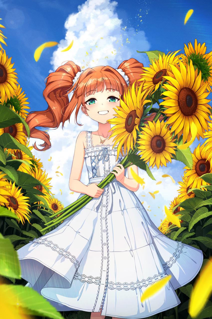 1girl :d absurdres bare_arms blue_sky blunt_bangs blurry butterfly_necklace cloud collarbone commentary cowboy_shot day depth_of_field dress drill_hair eyelashes falling_petals flower garden green_eyes grin hair_intakes hair_ornament hair_scrunchie half-closed_eyes highres holding holding_flower idolmaster leaf lens_flare long_hair looking_at_viewer nyan_c orange_hair outdoors petals scrunchie sky sleeveless sleeveless_dress smile solo standing straight-on sunflower takatsuki_yayoi twin_drills wavy_hair white_dress white_scrunchie