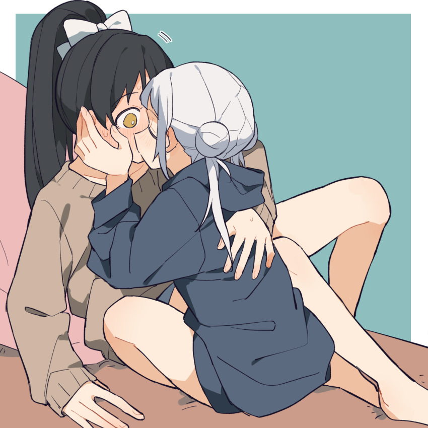 2girls arashi_chisato arm_around_back black_hair blue_background blue_hoodie blush border bow brown_sweater closed_eyes coldcat. collarbone crossed_ankles double_bun grey_hair hair_bow hair_bun hazuki_ren high_ponytail highres hood hood_down hoodie kiss knee_up long_hair long_sleeves looking_at_another love_live! love_live!_superstar!! multiple_girls no_pants on_bed pillow raised_eyebrows sidelocks sitting sleeve_cuffs surprised sweater thighs twintails white_border white_bow wide-eyed yellow_eyes yuri