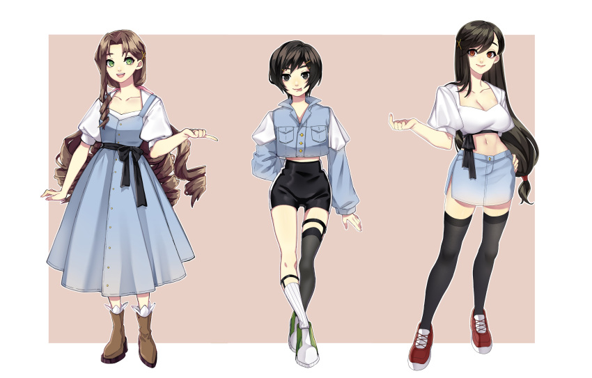 3girls absurdres aerith_gainsborough alternate_costume arm_behind_back asymmetrical_legwear belt_bow black_hair black_shorts black_thighhighs blue_theme boots border breasts brown_background brown_eyes brown_footwear brown_hair buttons cleavage closed_mouth collarbone crop_top cropped_jacket denim denim_dress denim_jacket denim_skirt drill_hair final_fantasy final_fantasy_vii final_fantasy_vii_remake full_body green_eyes green_footwear grey_eyes hair_between_eyes hair_ornament hair_ribbon hair_tie highres jacket large_breasts long_hair long_sleeves low-tied_long_hair low_ponytail medium_breasts midriff midriff_peek miniskirt mochee_bi multiple_girls navel open_mouth parted_bangs pink_ribbon pointing puffy_long_sleeves puffy_short_sleeves puffy_sleeves red_footwear ribbon ringlets shirt shirt_under_dress shoes short_hair short_sleeves shorts side_slit single_sidelock skirt smile sneakers standing thigh_gap thighhighs tifa_lockhart tongue tongue_out white_border white_shirt x_hair_ornament yuffie_kisaragi