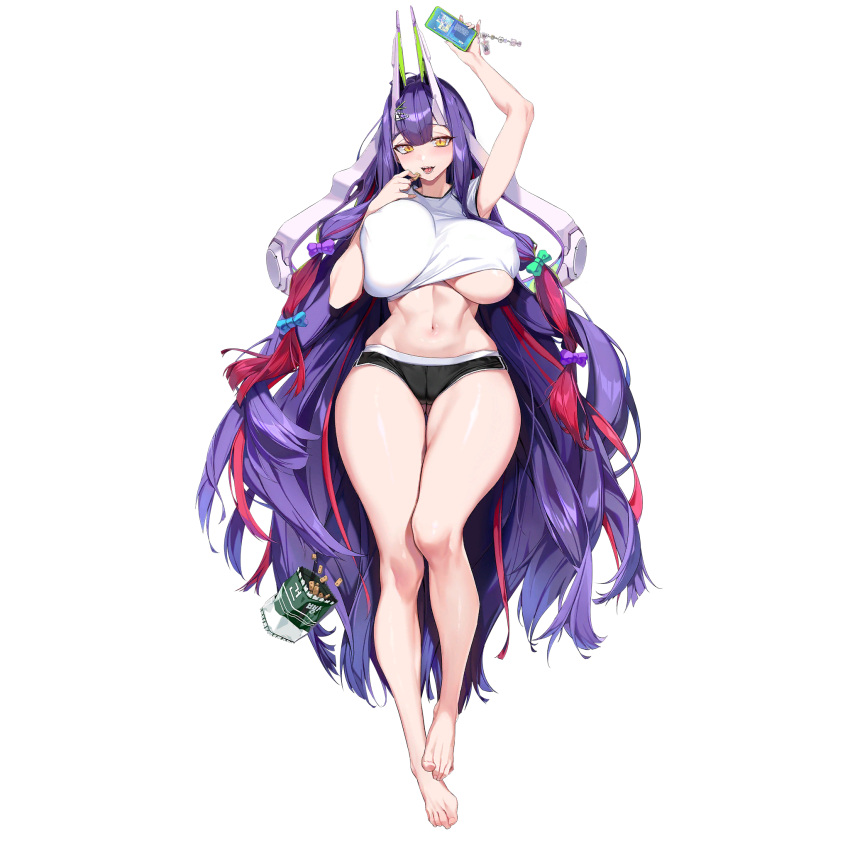 1girl abs armpit_crease ass_visible_through_thighs barefoot black_shorts blue_ribbon breasts cameltoe cellphone cellphone_charm charm_(object) crop_top crotch_seam eating echidna_(last_origin) fangs food full_body game_cg gradient_hair green_hair green_ribbon groin_tendon hair_ornament hair_ribbon hairclip hand_on_own_chest hand_up highres holding holding_food holding_phone horns huge_breasts korean_text last_origin linea_alba long_hair looking_at_viewer lying mechanical_horns micro_shorts multicolored_hair navel official_alternate_costume official_art on_back open_mouth phone phone_screen pinkmill purple_hair purple_ribbon red_hair ribbon shiny_skin shirt short_sleeves shorts simple_background skindentation slit_pupils smartphone solo streaked_hair tachi-e thick_thighs thighs third-party_source tongue transparent_background underboob very_long_hair white_shirt yellow_eyes