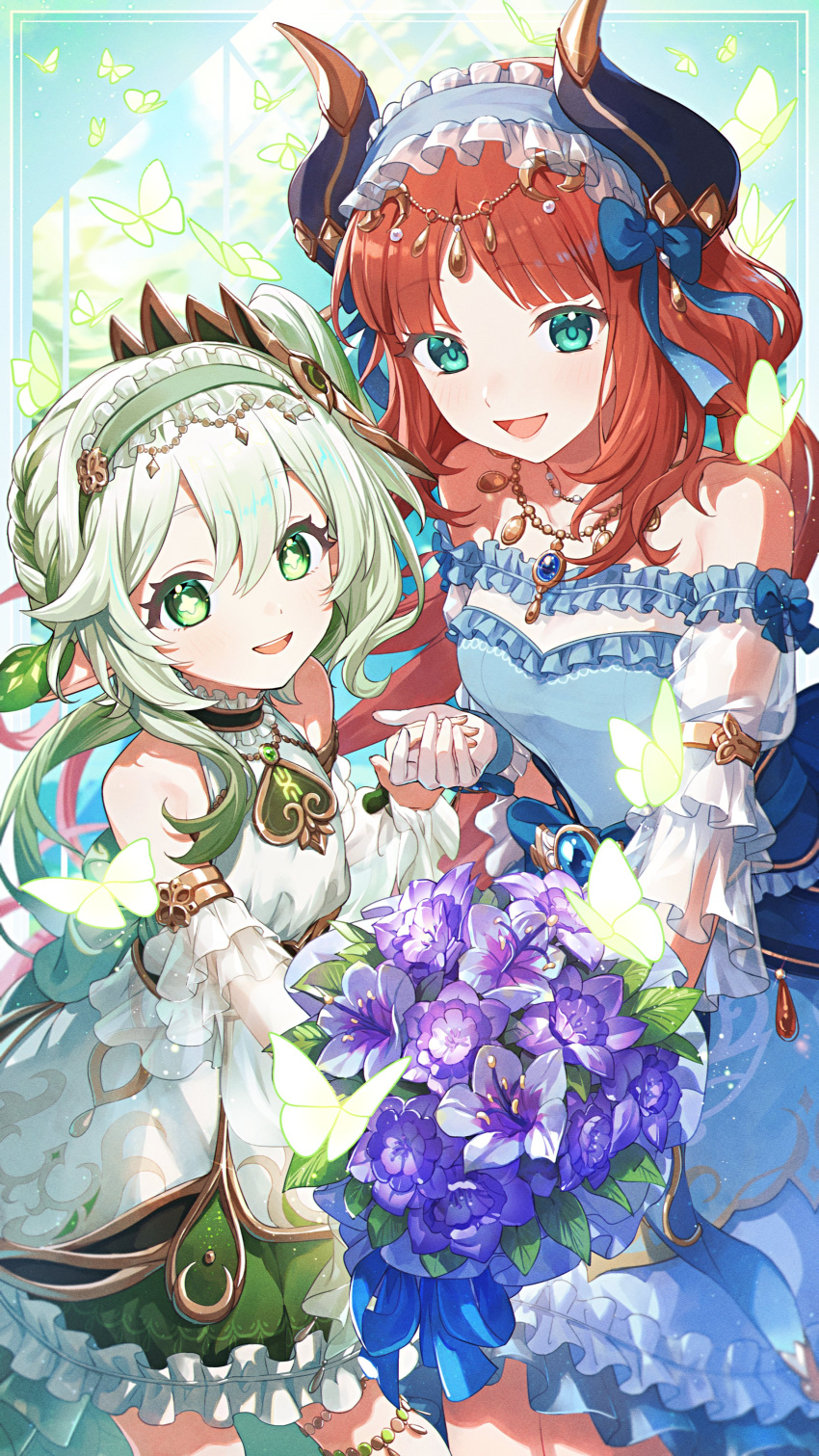 2girls :d absurdres aoppoi_oto aqua_eyes bare_shoulders black_horns blue_background blue_bow blue_dress blue_gemstone blue_hairband blue_ribbon blunt_bangs blush bouquet bow braid bug butterfly circlet collarbone commentary_request cross-shaped_pupils detached_sleeves dress eyelashes floating_hair flower french_braid frilled_dress frilled_hairband frilled_sleeves frills gem genshin_impact gold_trim gradient_hair green_butterfly green_dress green_eyes green_hair green_hairband hair_between_eyes hair_bow hair_ornament hairband hand_up highres holding holding_bouquet holding_hands horns jewelry leaf leaf_hair_ornament long_hair looking_at_viewer low_twintails multicolored_clothes multicolored_dress multicolored_hair multiple_girls nahida_(genshin_impact) necklace nilou_(genshin_impact) nilou_(gigo)_(genshin_impact) official_alternate_costume open_mouth padisarah_flower parted_bangs pointy_ears ponytail puffy_short_sleeves puffy_sleeves purple_flower red_hair ribbon see-through see-through_sleeves short_sleeves side_ponytail sidelocks single_braid sleeveless sleeveless_dress smile strapless strapless_dress sumeru_rose_(genshin_impact) symbol-shaped_pupils teeth thighlet twintails upper_teeth_only very_long_hair white_dress white_hair
