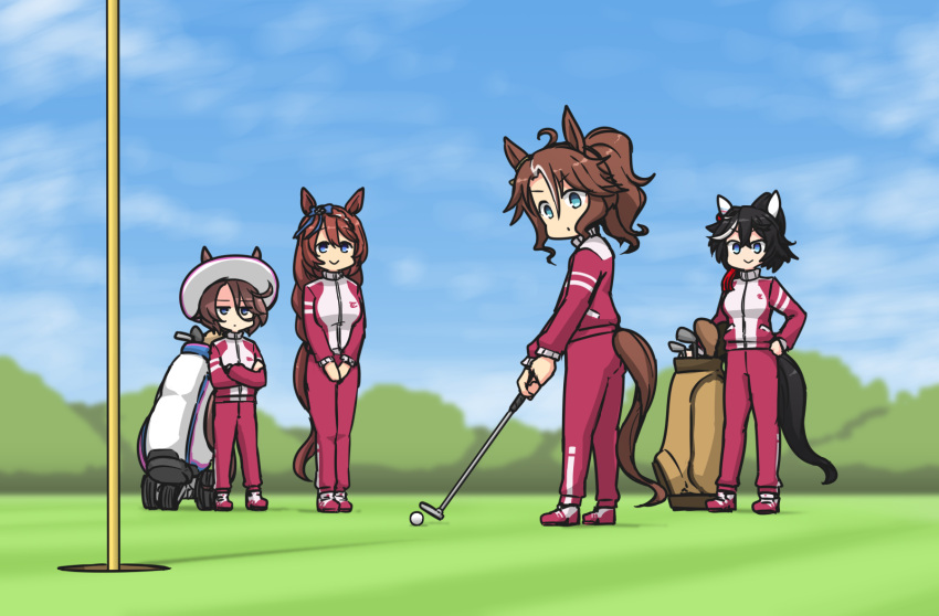 4girls ahoge animal_ears ball black_hair blue_bow blue_eyes blue_sky blurry blurry_background bow braid braided_ponytail brown_hair closed_mouth commentary_request crossed_arms dot_mouth ear_bow ear_covers ear_ornament ears_through_headwear full_body golf_ball golf_club hair_between_eyes hair_ornament hamu_koutarou hands_on_own_hips highres holding holding_golf_club horse_ears horse_girl horse_tail jacket katsuragi_ace_(umamusume) long_hair medium_hair mejiro_palmer_(umamusume) multicolored_hair multiple_girls narita_taishin_(umamusume) on_grass outdoors pants ponytail putter red_footwear red_jacket red_pants shoes short_hair sky smile sneakers streaked_hair super_creek_(umamusume) tail tail_through_clothes tassel tassel_hair_ornament tracen_training_uniform track_jacket track_pants two-tone_footwear umamusume very_long_hair white_footwear white_hair white_headwear