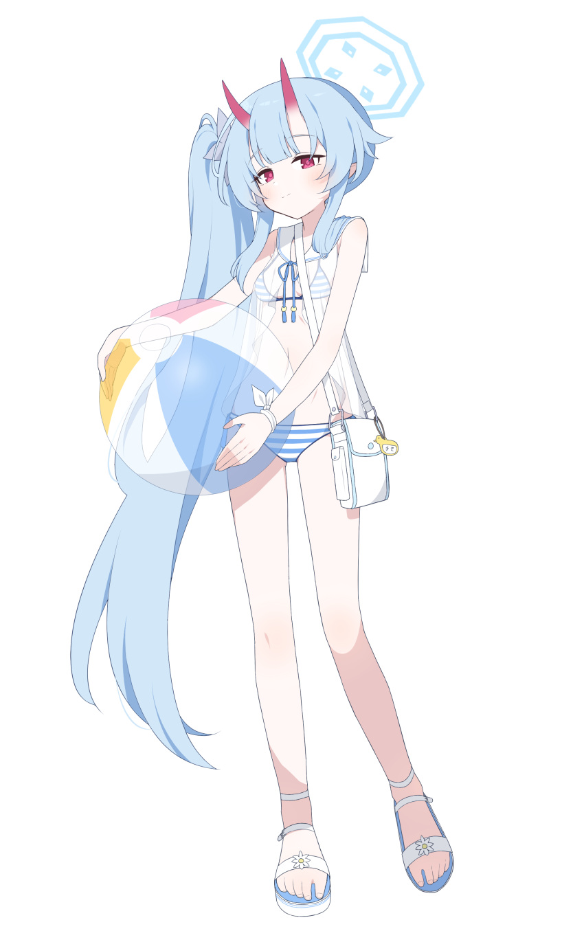1girl absurdres bag ball bare_arms bare_legs beachball bikini blue_archive blue_hair blue_halo blush breasts chise_(blue_archive) chise_(swimsuit)_(blue_archive) closed_mouth full_body hagoonha halo highres holding holding_ball holding_beachball horns light_smile long_hair navel official_alternate_costume oni_horns red_eyes sailor_collar sandals shoulder_bag side_ponytail simple_background small_breasts solo striped striped_bikini swimsuit very_long_hair white_background white_bikini white_sailor_collar