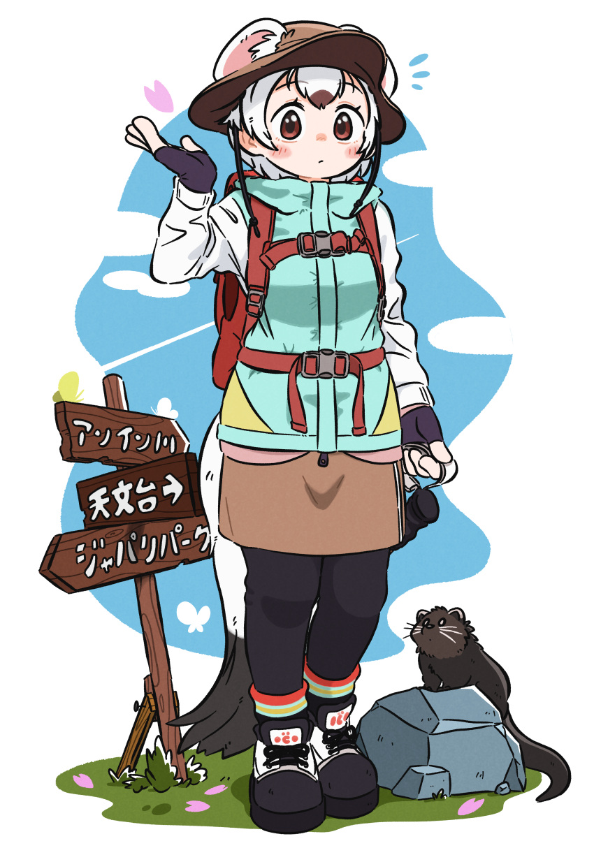 1girl absurdres animal animal_ear_fluff animal_ears appleq arrow_(symbol) backpack bag black_footwear black_gloves black_pants blue_jacket blue_sky breasts brown_hair brown_headwear brown_skirt closed_mouth cloud commentary_request ears_through_headwear fingerless_gloves gloves grass hand_up highres jacket kemono_friends long_sleeves looking_at_viewer multicolored_hair notice_lines pants pants_under_skirt red_eyes shoes sign skirt sky small_breasts solo stoat_(kemono_friends) tail translation_request two-tone_hair weasel_ears weasel_girl weasel_tail white_hair