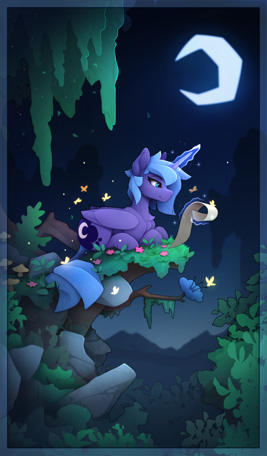 2023 absurd_res blue_body cliff crescent_moon cutie_mark digital_media_(artwork) equid equine feral friendship_is_magic hasbro hi_res horn levitation magic mammal moon my_little_pony plant princess_luna_(mlp) reading scenery scroll smile telekinesis tree winged_unicorn wings yakovlev-vad