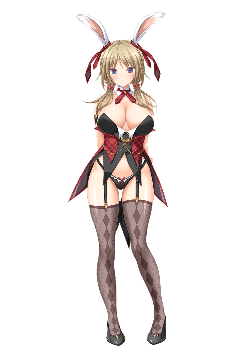 1girl absurdres animal_ears argyle argyle_legwear arms_behind_back bangs black_footwear black_panties blonde_hair blue_eyes bow bow_panties breasts brown_thighhighs cleavage coattails detached_collar facing_viewer full_body garter_straps hair_over_shoulder hapymaher highres koku large_breasts long_hair looking_at_viewer navel necktie non-web_source official_art panties photoshop_(medium) plaid_necktie playboy_bunny rabbit_ears red_necktie smile solo standing tachi-e thighhighs transparent_background twintails underwear watch yayoi_b_lutwidge