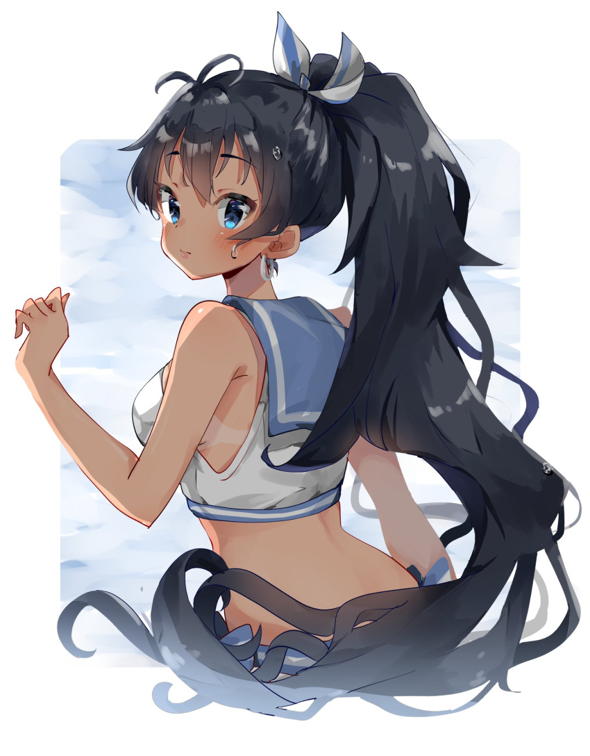 1girl antenna_hair back bare_shoulders bikini bikini_tan black_hair blue_background blue_eyes blue_ribbon blue_sailor_collar blush border bow breasts clenched_hand closed_mouth dot_nose earrings from_behind ganaha_hibiki hair_bow hair_ribbon hand_up highres hoop_earrings idolmaster idolmaster_(classic) idolmaster_million_live! idolmaster_million_live!_theater_days jewelry long_hair looking_at_viewer looking_back medium_breasts ponytail ribbon sailor_bikini sailor_collar sailor_swimsuit_(idolmaster) side-tie_bikini_bottom solo striped striped_ribbon swimsuit tan tanlines wet wet_hair white_bikini white_border yuanagae