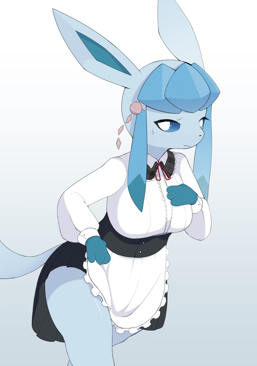 4_fingers accessory anthro big_ears blue_eyes blue_hair breasts clothing cuffs_(clothing) eeveelution exposed_leg exposed_thighs eyelashes female fingers generation_4_pokemon glaceon hair hair_accessory hi_res liteee maid_uniform medium_breasts nintendo pensive pokemon pokemon_(species) solo tail uniform