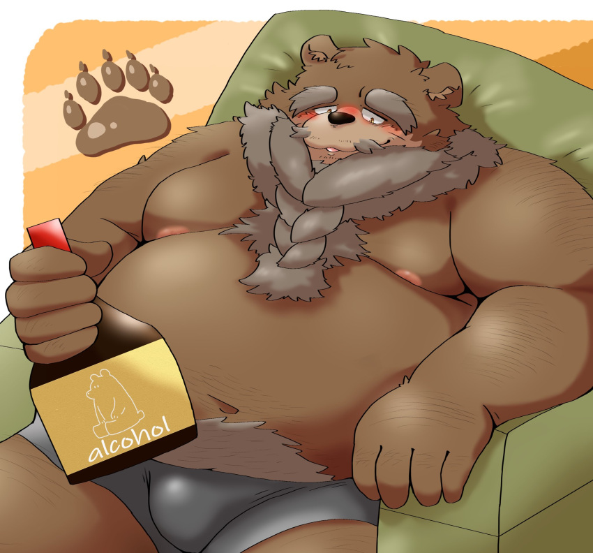 2023 anthro bear belly big_belly black_nose blush brown_body bulge clothing drunk furniture hi_res humanoid_hands kemono male mammal mature_male moobs nipples overweight overweight_male sitting sofa solo substance_intoxication underwear yanununununu