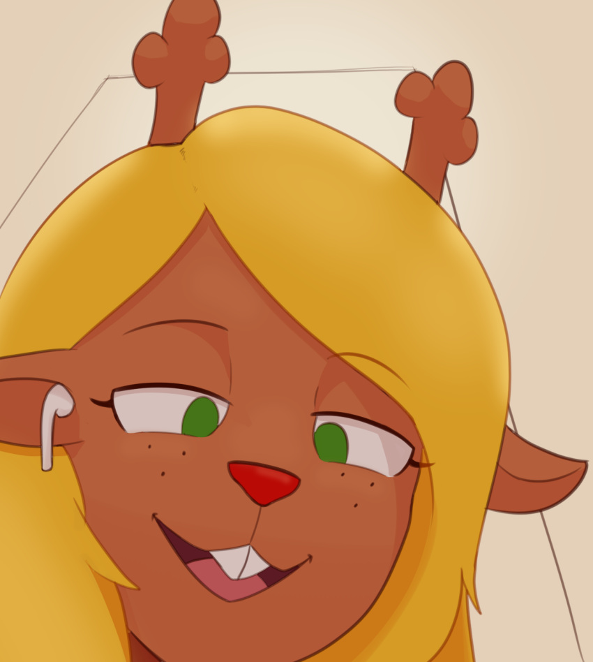 anthro antlers blonde_hair buckteeth deer deltarune female freckles green_eyes hair headphones hi_res hitsuji horn looking_down mammal meme noelle_holiday red_nose solo teeth undertale_(series)