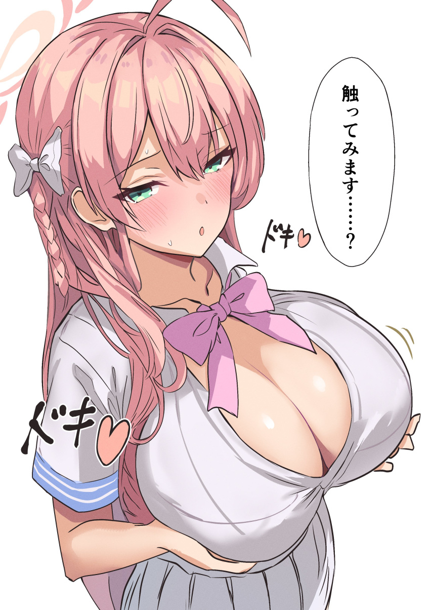 1girl absurdres blue_archive blush bow bowtie breasts cleavage green_eyes hair_ribbon hanako_(blue_archive) highres huge_breasts large_breasts long_hair looking_at_viewer ossou_rocket pink_bow pink_bowtie pink_hair ribbon school_uniform shirt simple_background skirt solo speech_bubble white_background white_shirt