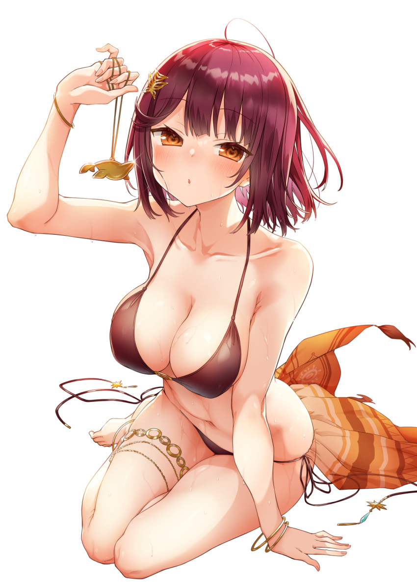 1girl :o alt_(ctrldel) atelier_(series) atelier_sophie bikini black_bikini bracelet breasts brown_eyes cleavage collarbone highres holding jewelry large_breasts navel red_hair short_hair simple_background sitting solo sophie_neuenmuller swimsuit wet white_background