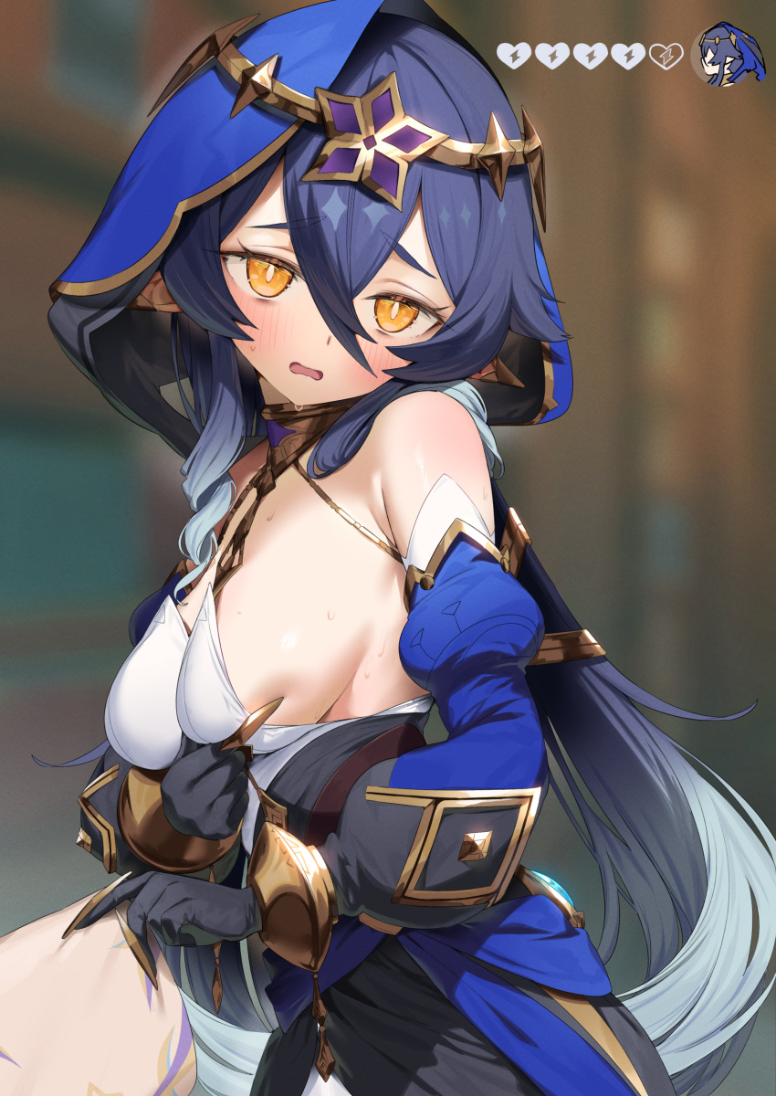 1girl absurdres armpit_crease bags_under_eyes bare_shoulders black_gloves blue_hair blue_hood blue_sleeves blurry blurry_background blush breasts bright_pupils circlet claw_ring commentary_request detached_sleeves drill_hair drill_locks genshin_impact gloves gold_choker gold_trim grabbing_own_breast highres holding holding_paper hood hood_up itohana jewelry layla_(genshin_impact) medium_breasts neck_ring paper pointy_ears puffy_detached_sleeves puffy_sleeves shirt sideboob sleeveless sleeveless_shirt sweat sweatdrop twin_drills white_pupils white_shirt yellow_eyes