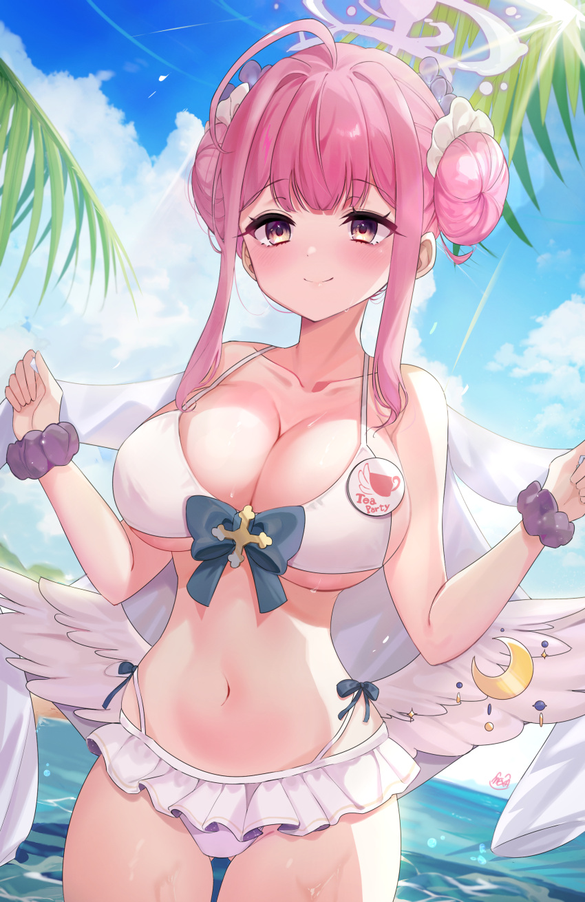 1girl absurdres ahoge angel_wings artist_name ass_visible_through_thighs badge bare_shoulders bikini blue_archive blue_bow blue_sky blush bow breasts button_badge cleavage closed_mouth cloud cloudy_sky collarbone commentary crescent cross day double_bun feathered_wings flower frilled_bikini frilled_ribbon frills hair_bun hair_flower hair_ornament hair_ribbon halo highres holding huge_breasts lips low_wings mexa_(maplexanai) mika_(blue_archive) navel outdoors palm_tree pink_hair pink_halo purple_flower purple_scrunchie ribbon scrunchie signature sky smile solo standing stomach sunlight swimsuit thighs tree water wet white_bikini white_ribbon white_wings wings wrist_scrunchie yellow_eyes
