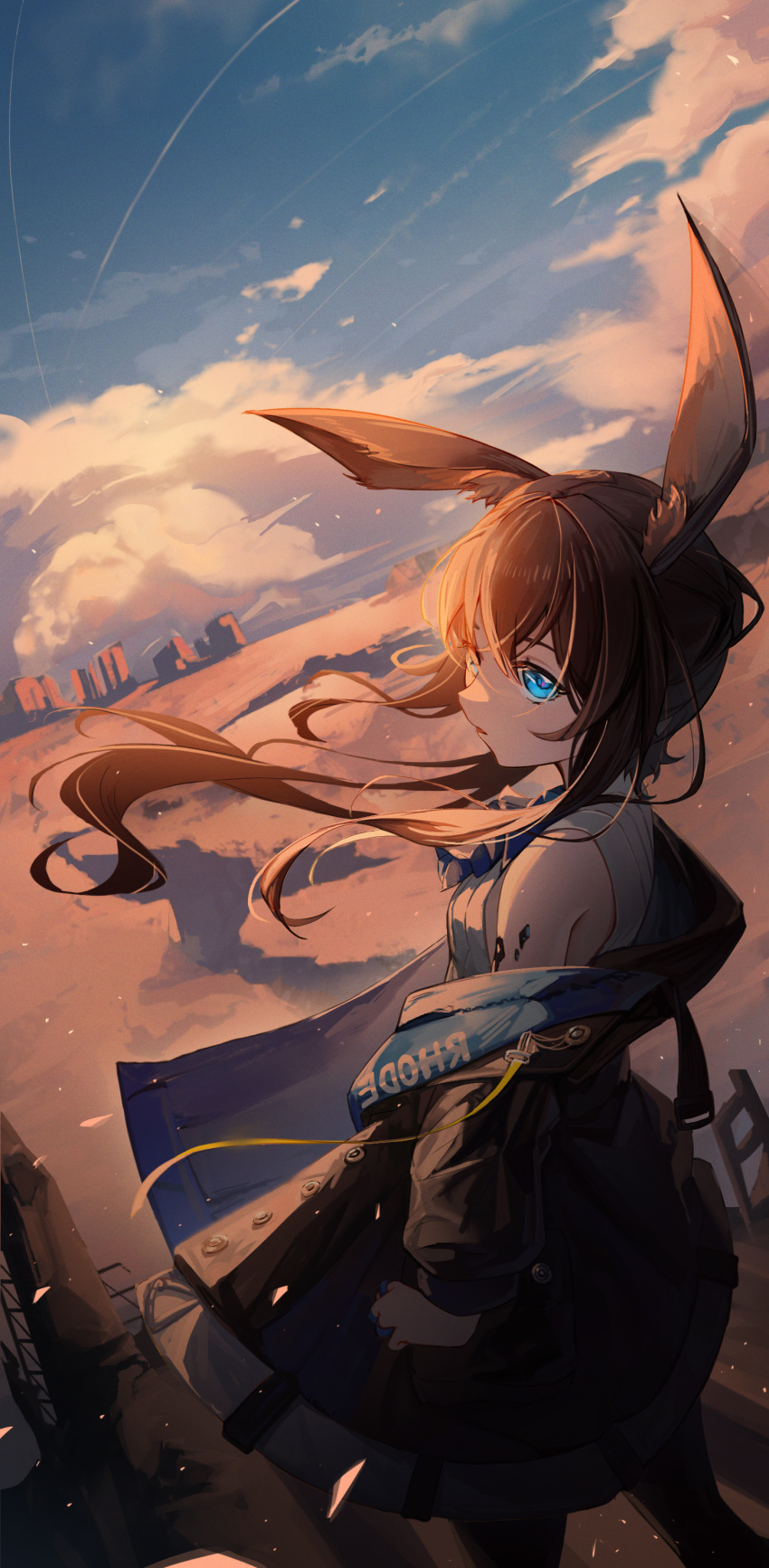 1girl absurdres amiya_(arknights) animal_ears arknights ascot bare_shoulders black_jacket black_pantyhose blue_ascot blue_sky clothes_writing cloud cloudy_sky cowboy_shot dusk evening from_behind hair_between_eyes highres hood hood_down hooded_jacket jacket jiaowohuangdaoa long_hair long_sleeves looking_at_viewer looking_back off_shoulder open_clothes open_jacket oripathy_lesion_(arknights) pantyhose rabbit_ears rabbit_girl ribbed_shirt shirt sky sleeveless sleeveless_shirt solo sunset white_shirt wind