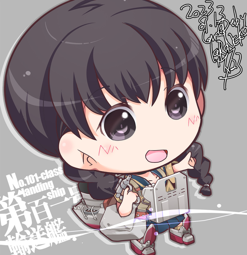 1girl black_eyes black_hair blue_sailor_collar blue_skirt braid brown_shirt character_name chibi highres kantai_collection kuroneko_(kuroneko_works) landing_ship_no._101_(kancolle) long_hair miniskirt pleated_skirt rigging sailor_collar school_uniform serafuku shirt skirt smokestack solo twin_braids