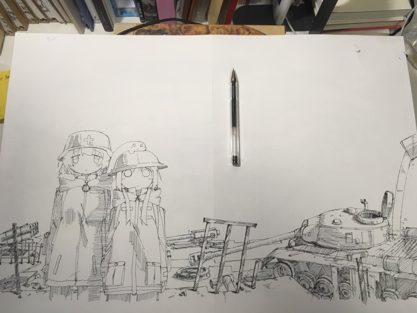 2girls book check_vehicle chito_(shoujo_shuumatsu_ryokou) closed_mouth fur_trim greyscale helmet highres hood hood_down jacket long_hair long_sleeves looking_at_viewer military_vehicle monochrome motor_vehicle multiple_girls nuko_(shoujo_shuumatsu_ryokou) pants pen photo_(medium) shoujo_shuumatsu_ryokou standing t-34 t-34-85 tank traditional_media tsukumizu_yuu white_background yuuri_(shoujo_shuumatsu_ryokou) zipper_pull_tab