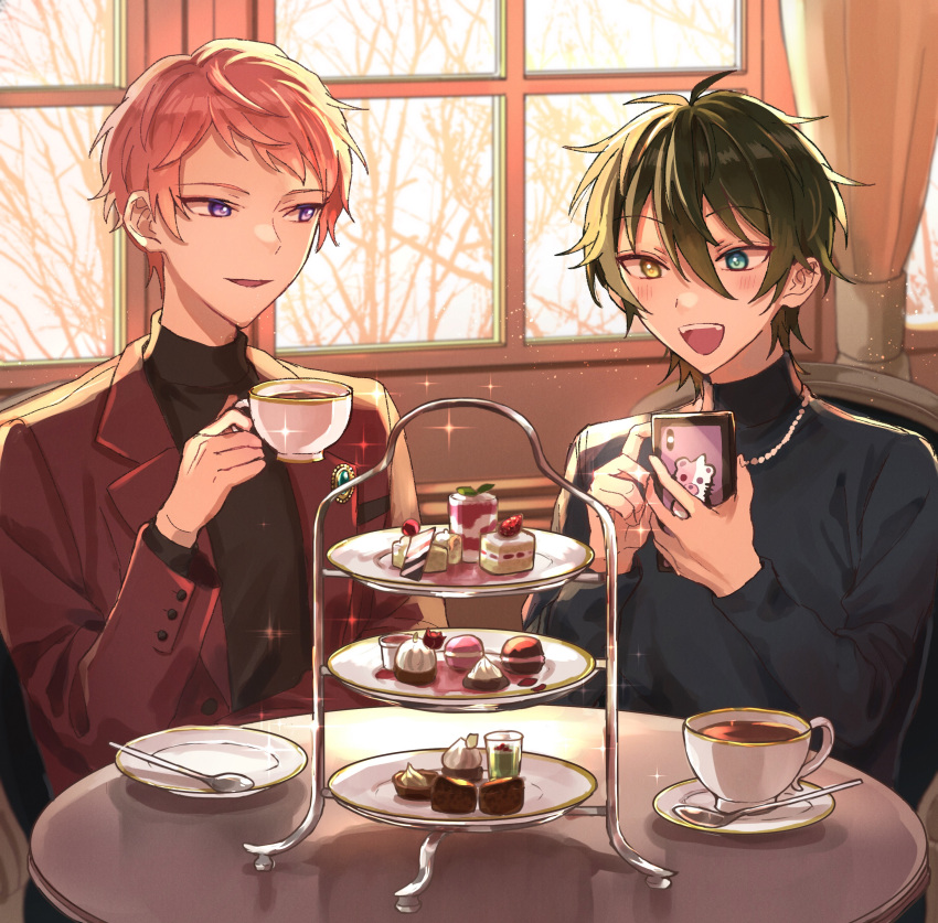 2boys absurdres aqua_eyes black_shirt commentary_request cup curtains dessert ensemble_stars! food green_hair hair_between_eyes heterochromia highres holding holding_cup holding_phone itsuki_shu jewelry kagehira_mika lapels long_sleeves male_focus multiple_boys necklace open_mouth phone pink_hair plate purple_eyes shirt short_hair spoon teeth turtleneck upper_teeth_only valkyrie_(ensemble_stars!) wednesday_108 window yellow_eyes