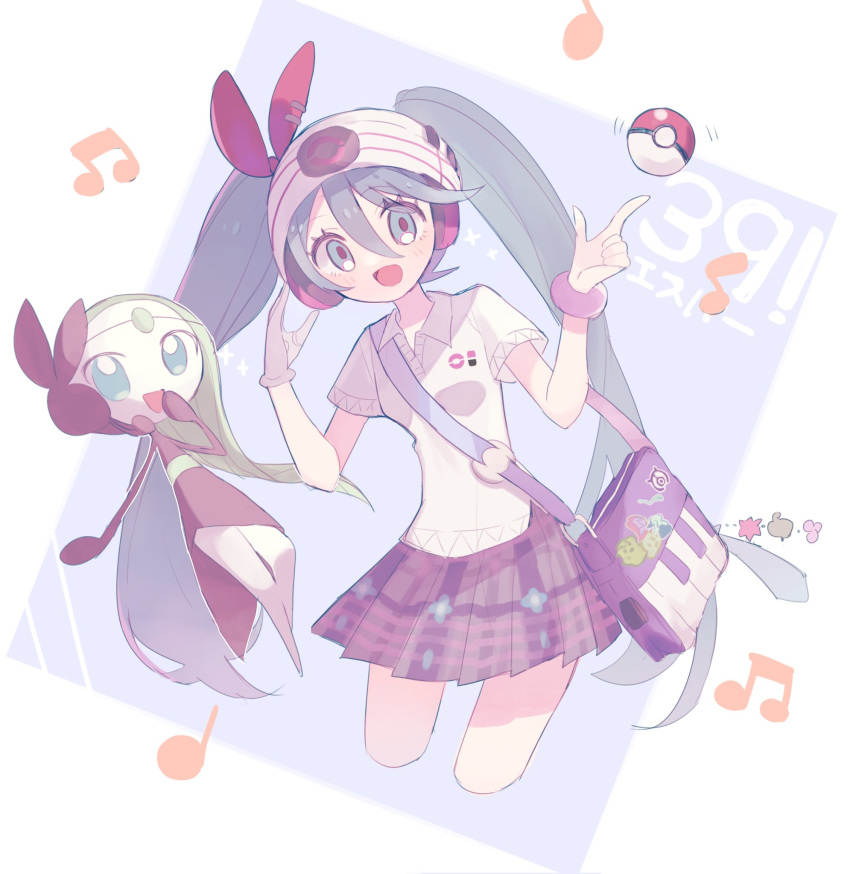 1girl :d aqua_eyes aqua_hair bag beanie bracelet collared_shirt cropped_legs gloves grey_skirt hair_between_eyes hair_ribbon hand_to_own_mouth hands_up hat headphones highres hottomiruku jewelry long_hair looking_at_viewer meloetta meloetta_(aria) musical_note open_mouth piano_print plaid plaid_skirt pleated_skirt poke_ball poke_ball_(basic) pokemon pokemon_(creature) polo_shirt project_voltage psychic psychic_miku_(project_voltage) red_ribbon ribbon shirt short_sleeves shoulder_bag single_glove skirt smile solo twintails very_long_hair vocaloid white_gloves white_headwear white_shirt