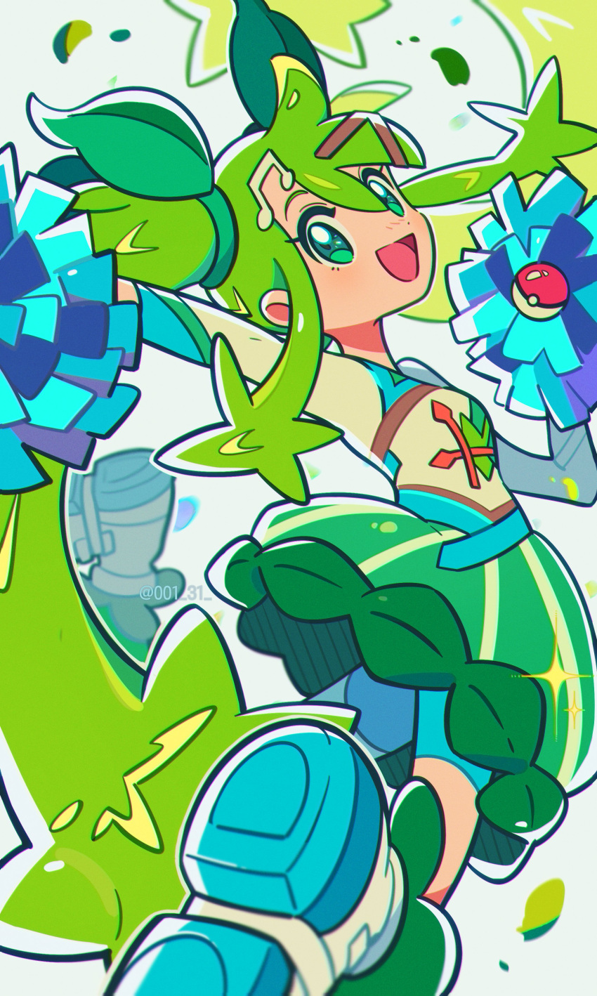 1girl :d absurdres bike_shorts blush cheerleader chueog commentary eyelashes falling_leaves green_eyes green_hair green_skirt hair_ornament happy hatsune_miku highres holding holding_poke_ball holding_pom_poms leaf long_hair open_mouth poke_ball poke_ball_(basic) pokemon pom_pom_(cheerleading) shirt shoes skirt smile solo tongue twintails vocaloid yellow_shirt