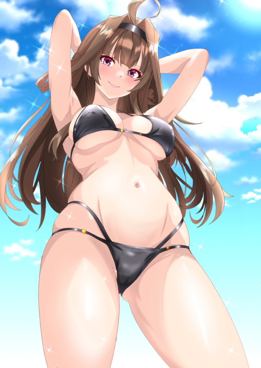 1girl absurdres ahoge alternate_costume armpits arms_behind_head bikini black_bikini black_hairband blue_sky breasts brown_hair closed_mouth cloud commentary_request day from_below hairband halterneck highres kantai_collection kongou_(kancolle) large_breasts long_hair looking_at_viewer mixed-language_commentary navel nitamako_(sakamalh) outdoors purple_eyes sky smile solo string_bikini sunlight swimsuit