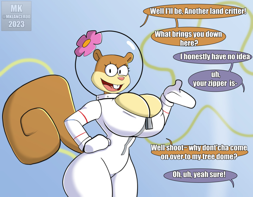 anthro big_breasts breasts brown_body cleavage clothed clothing dialogue female hi_res huge_breasts mammal mklancer00 nickelodeon rodent sandy_cheeks sciurid spongebob_squarepants tree_squirrel