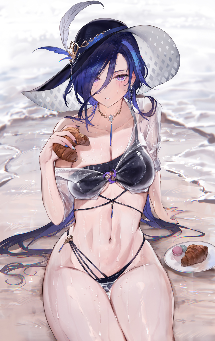 1girl absurdres alternate_costume beach bikini black_bikini black_headwear blush breasts clorinde_(genshin_impact) collarbone commentary_request croissant earrings food genshin_impact hair_between_eyes hat highres holding holding_food jewelry long_hair looking_at_viewer macaron medium_breasts multicolored_hair navel parted_lips purple_eyes qiandaiyiyu sitting solo swimsuit thighs two-tone_hair wet wet_clothes wet_swimsuit