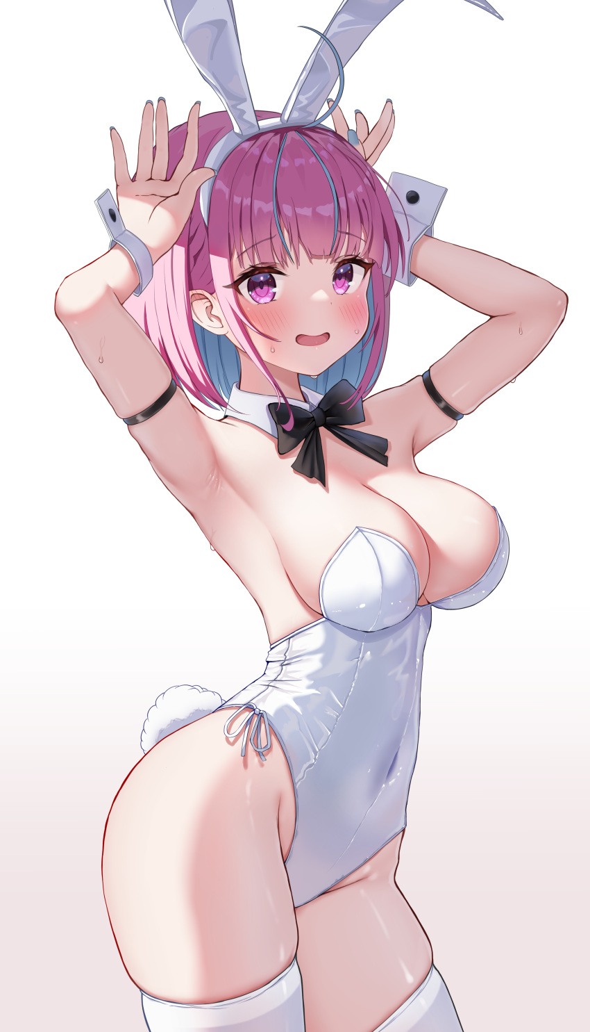 1girl absurdres ahoge animal_ears arm_strap armpits arms_up black_bow black_bowtie blue_hair blue_nails blush bob_cut bow bowtie breasts colored_inner_hair commentary contrapposto covered_navel detached_collar dot_nose fake_animal_ears fake_tail fingernails groin highleg highleg_leotard highres hololive large_breasts leotard long_fingernails looking_at_viewer medium_hair minato_aqua multicolored_hair nail_polish open_mouth playboy_bunny purple_eyes purple_hair rabbit_ears rabbit_pose rabbit_tail raised_eyebrows side-tie_leotard sidelocks simple_background skindentation smile solo strapless strapless_leotard streaked_hair sweatdrop tail thighhighs tobidasu00 two-tone_hair virtual_youtuber white_background white_leotard white_thighhighs white_wrist_cuffs wrist_cuffs