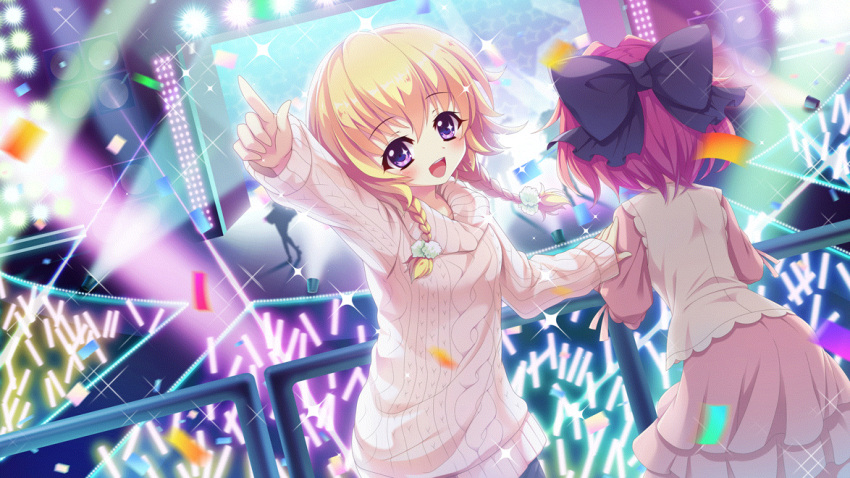 5girls against_railing black_bow blonde_hair bow braid breasts catwalk_(modeling) colored_lights concert confetti crowd dot_nose dress film_grain game_cg glowstick hair_bow hand_on_another's_shoulder hasegawa_mii hiiragi_kae idol izumi_tsubasu large_bow looking_at_viewer multiple_girls non-web_source official_art open_mouth pink_dress pink_hair pink_skirt pointing purple_eyes railing re:stage! screen short_hair silhouette skirt small_breasts smile solo_focus sparkle sparkling_eyes speaker stage stage_lights star_(symbol) sweater teeth twin_braids upper_teeth_only white_sweater