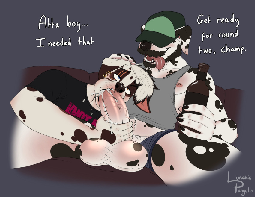 anthro balls baseball_cap beer_bottle big_balls big_butt bodily_fluids bottle butt canid canine canis clothing container cum cum_in_mouth cum_inside dalmatian domestic_dog duo ear_piercing ear_ring eye_scar facial_hair facial_scar father_(lore) father_and_child_(lore) father_and_son_(lore) fellatio genital_fluids genitals hand_on_head hat headgear headwear hi_res holding_penis huge_butt incest_(lore) lunatic_pangolin male male/male mammal mustache nipples oral parent_(lore) parent_and_child_(lore) parent_and_son_(lore) penile penis piercing praise ring_piercing scar sex shirt smile son_(lore) tank_top tongue tongue_out topwear